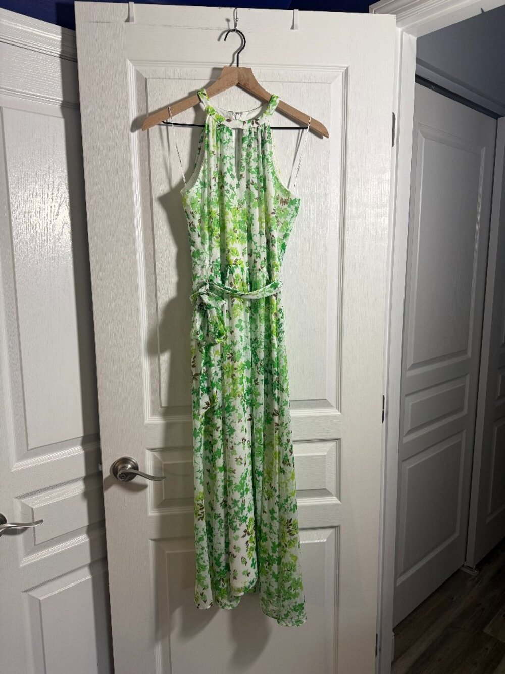 EUC - DKNY Halter Midi Dress - Size 2 - Color:  White/Greens/Brown